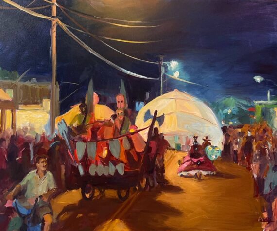 <p>“Night Riders,” an oil painting by Pam Ingalls depicting Vashon’s Stupid Bike Night, is part of the artist’s studio tour exhibition at Dig Deep Gardens. (Courtesy Photo)</p>