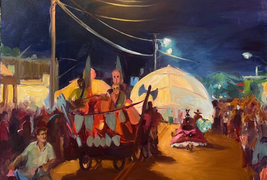 <p>“Night Riders,” an oil painting by Pam Ingalls depicting Vashon’s Stupid Bike Night, is part of the artist’s studio tour exhibition at Dig Deep Gardens. (Courtesy Photo)</p>