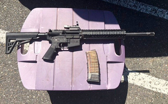 An AR-15 rifle and a loaded magazine that were recovered from a suspect in a shooting incident at the Kent Station parking garage in 2019. (Photo courtesy of King County Sheriff’s Office)