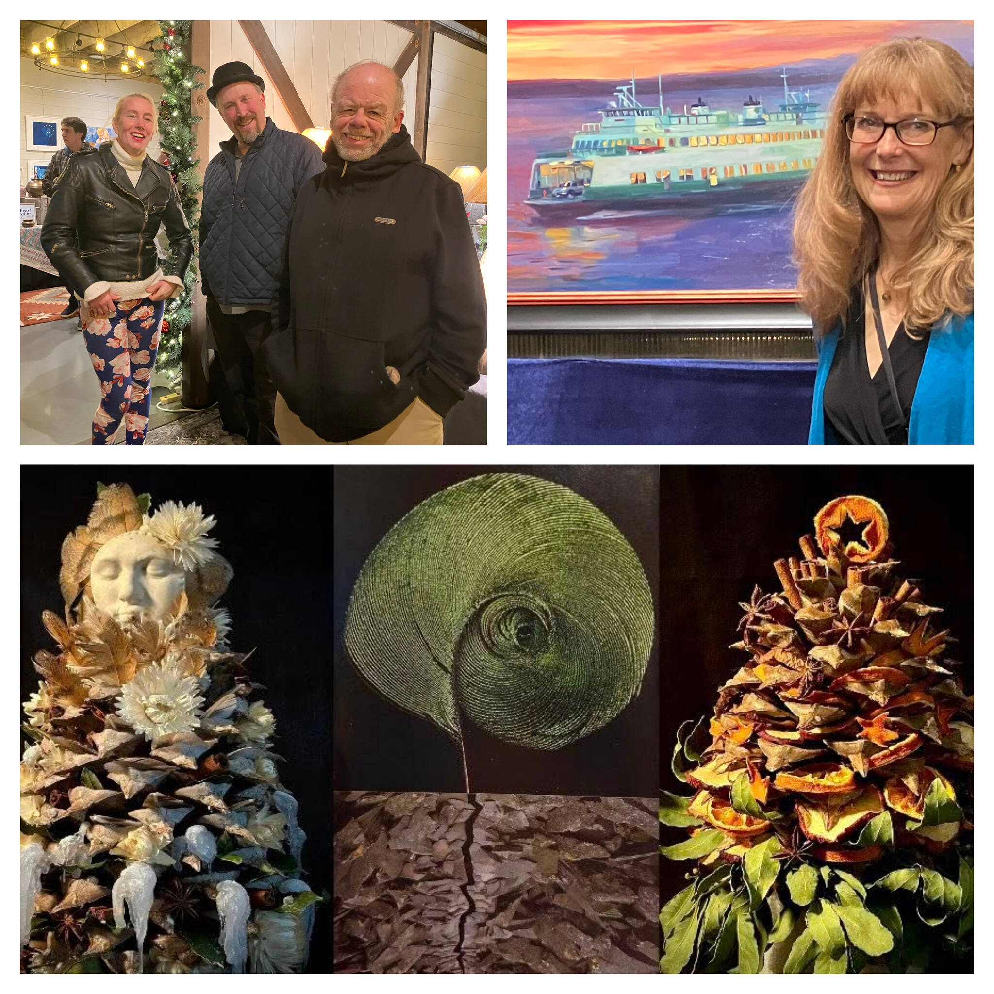 (Top, left to right) Yulia Ivaschchenko, Gunther Reimnitz, Phil Clapham and Pam Ingalls held court last Friday at opening receptions for Holiday Studio Tour shows. (Bottom) New creations by Jennifer Hawke will be on display at a Solstice Market on Dec. 21, at Hawke’s Beall Greenhouse studio. (Elizabeth Shepherd/Courtesy Photos)