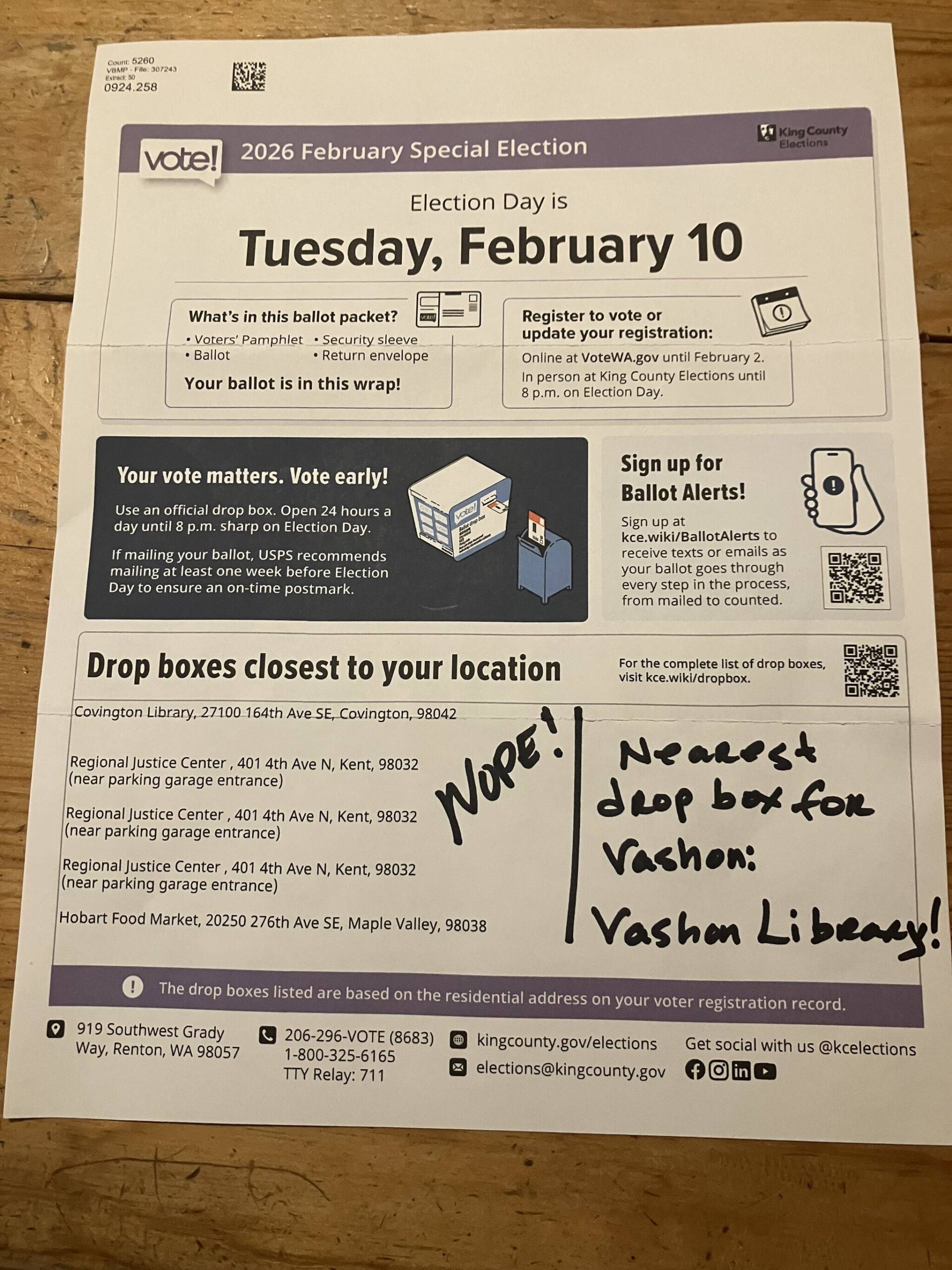 Some King County ballots mailed to islanders were mistakenly stuffed with information intended for other communities. This photo shows an example received (and corrected) by a Beachcomber reporter.