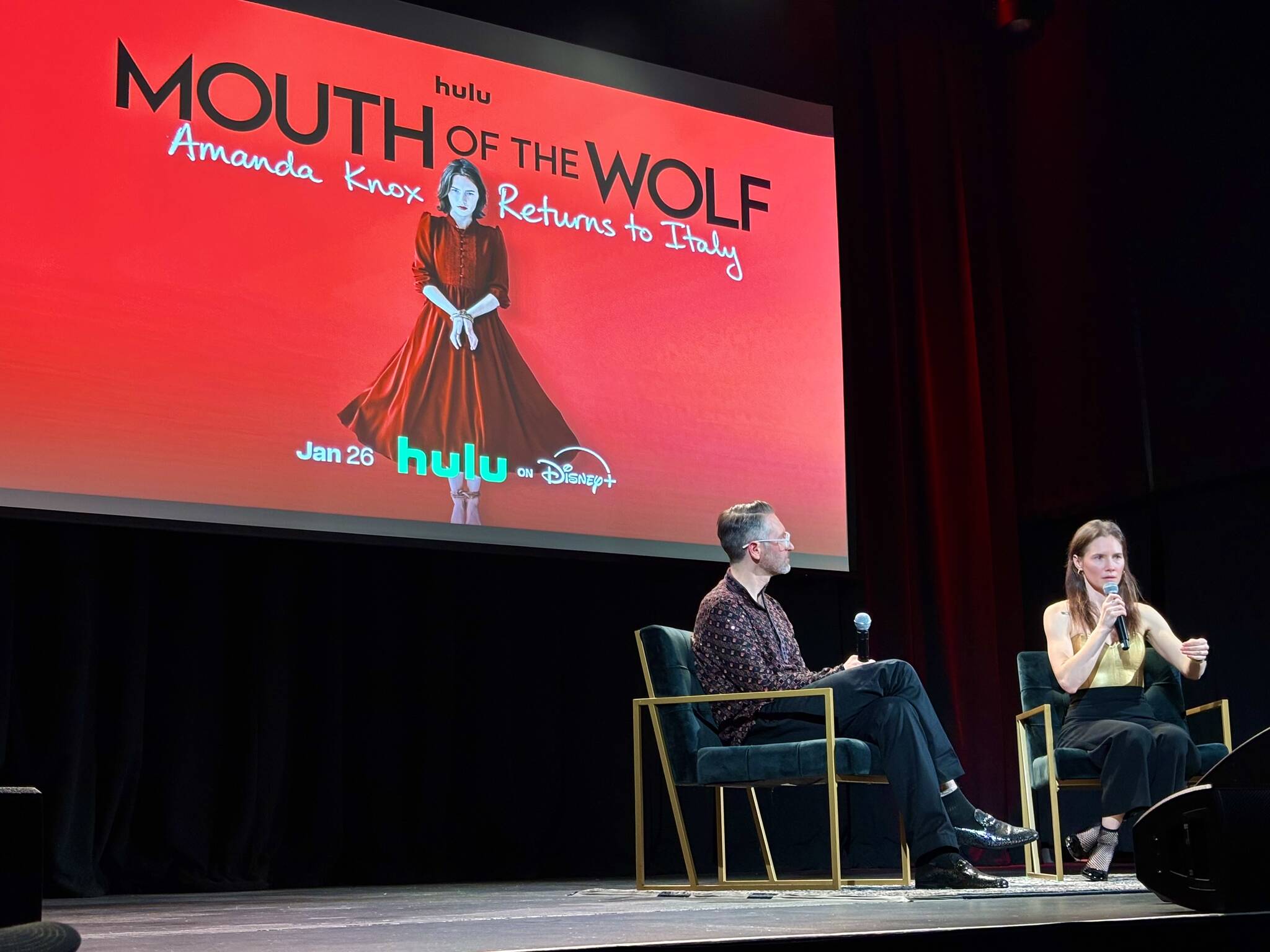 Amanda Knox and Chris Robinson speak on stage at The Neptune Theatre during a premiere screening and conversation for Mouth of the Wolf: Amanda Knox Returns to Italy in Seattle on Monday, Jan. 26. (Jeff Hoyt Photo)