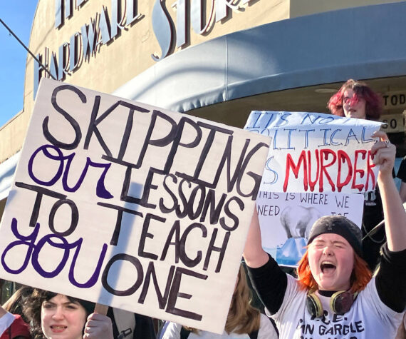 <p>Students from McMurray Middle School and Vashon High School took to the streets on Wednesday afternoon. (Elizabeth Shepherd Photo)</p>