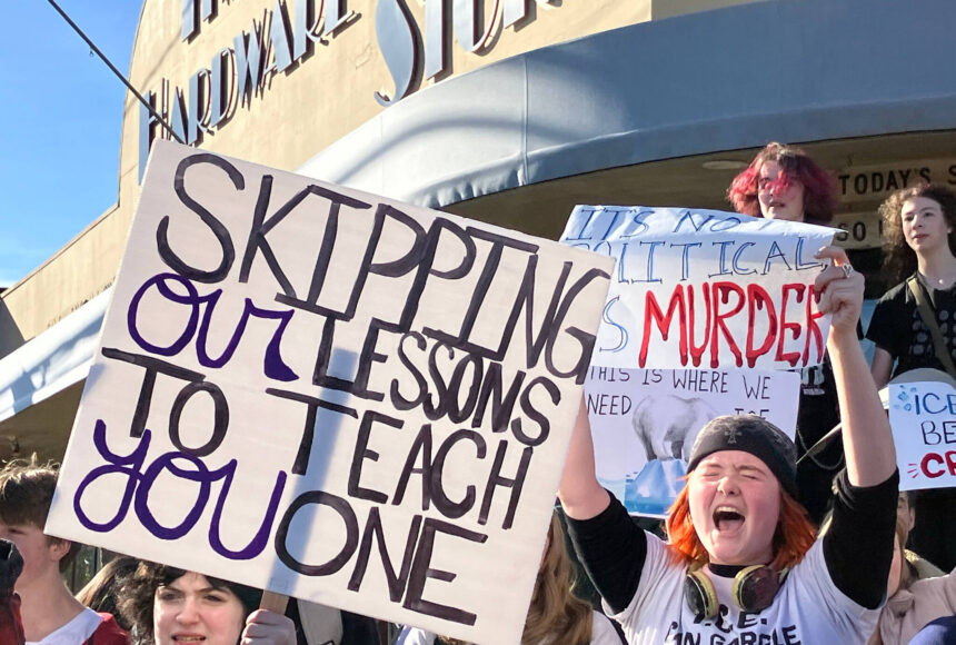 <p>Students from McMurray Middle School and Vashon High School took to the streets on Wednesday afternoon. (Elizabeth Shepherd Photo)</p>