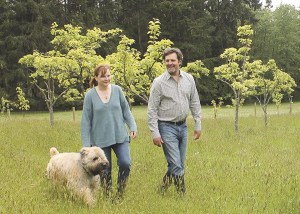 Cheryl Lubbert and Jim Gerlach in their Asian pear orchard. The couple now uses the fruit to make perry.