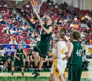 Alex Wegner rises to the basket as Vashon beat Lake Roosevelt in the second round of the 1A State Tournament in Yakima.