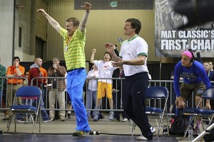 Anders and Per Lars Blomgren celebrate a victory at the state competition last year.
