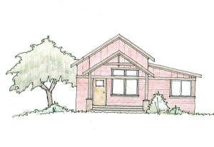 An architect’s rendering shows one of the small homes in the Sunflower community.