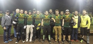 Six VHS seniors who played football all four years were honored at Friday’s game. Left to right: Edgar Polkat