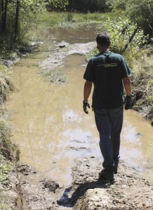 Joe VanHollebeke stands at the edge of a rut leading into a pond created by mud-bogging at Island Center Forest.