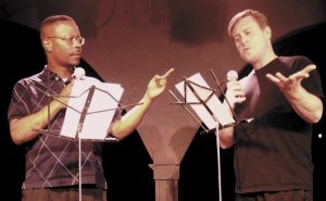 Marc Powell and Steve Tosterude rehearse Powell’s new show