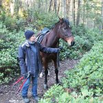 Islander Marie Bradley stands with her horse on a 60-acre parcel near Frog Holler that the Land Trust hopes will become a third community forest. (Anneli Fogt/Staff Photo)