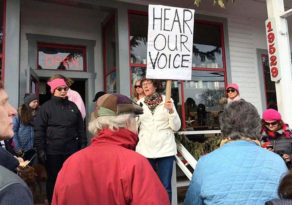 On Vashon, Emily Wigley addresses a crowd. (Richard Rogers Photo)