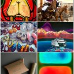 First Friday art clockwise from top left: Walrus painting by Margaret Tylczak Heffelfinger; Helga Jonsson photograph of horseman on the island of Sardinia; ferry painting by Gianna Anderson; &ldquo;Yin-Yang&rdquo; painting by Kristen Reitz-Green; cosmetics by Naked Truth; and jewelry by Janine Gibbons.