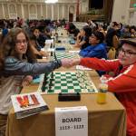 World champion chess player and Bellevue resident Naomi Bashkansky (left) shakes hands with an opponent at a chess tournament in Nashville, Tennessee, last weekend. She will be coming to the island Saturday to speak to Chautauqua Elementary School&rsquo;s chess club and play against willing opponents. (Ludmila Bashkansky Photo)