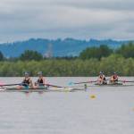 VIRC junior crew members Riley Lynch and Rhea Enzian (right) and Selena Mildon and Kate Kelly (left) row in the varsity women&rsquo;s pair event at U.S. Rowing&rsquo;s Northwest Junior Regional Championships at Vancouver Lake on Saturday. (Jordan Petram Photo)