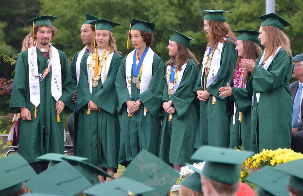 The Vashon High School Pieces of Eight Award recipients (from left to right) Jesse Harold, David Nguyen, Hannah McArthur, Issac Hughes, Eleanor Hughes, Eva Anderson, Abby Fiano and Peytra Gard were recognized for their embodiment of values such as commitment, leadership and integrity. (Jim Westcott Photo)