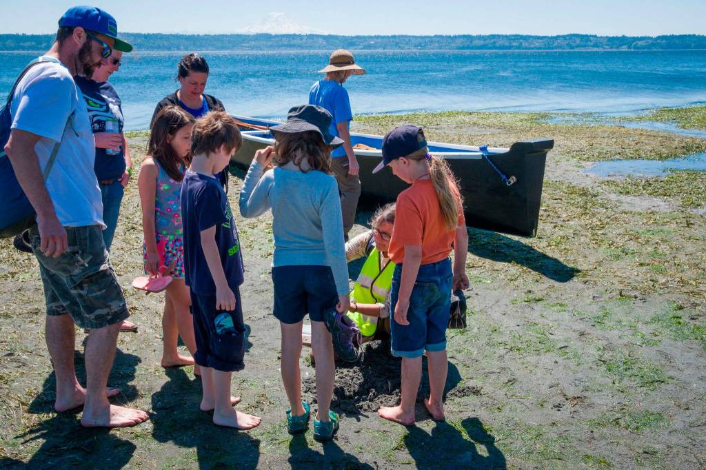 A beach naturalist talks to a group of celebration-goers at Saturday&rsquo;s Low Tide Celebration. (Kent Phelan Photo)