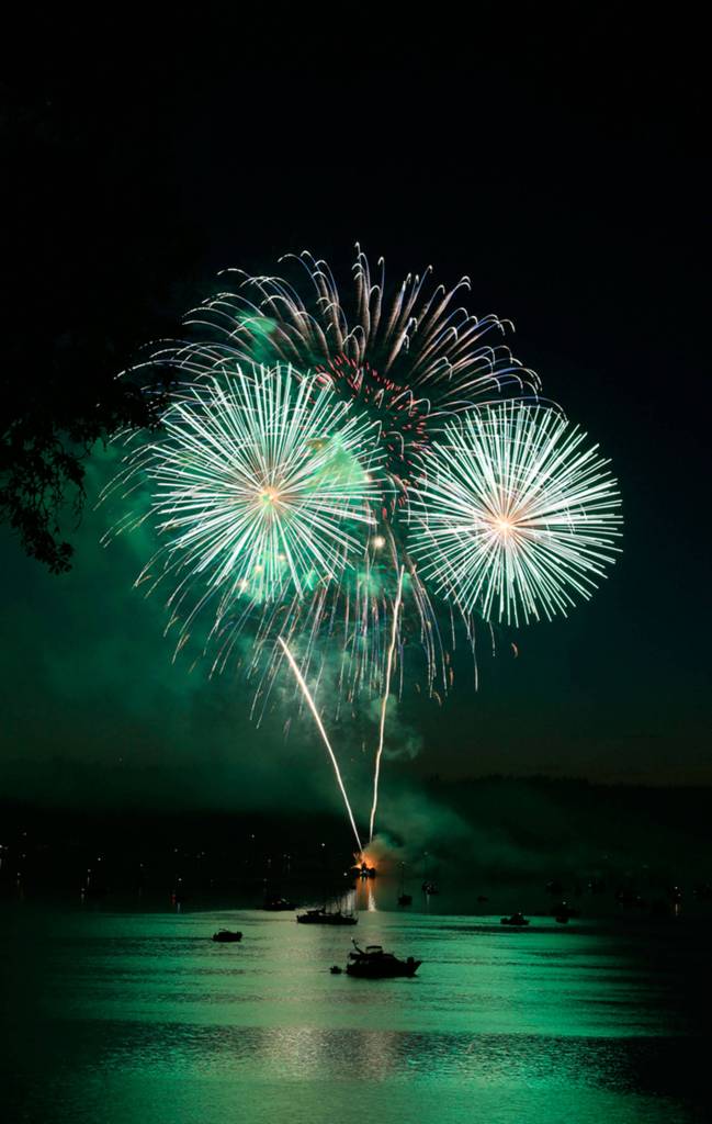 Fireworks light the sky over Quartermaster Harbor (Ray Pfortner Photo)