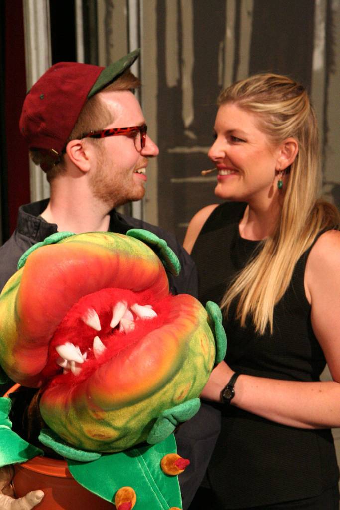 Actors D. Wiley Jones and Alex Drissell with a more manageable &ldquo;Audrey II&rdquo; (Steven Denlinger Photo)