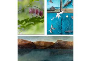 Artwork on display will include (clockwise) paintings by Pascal Judet at VALISE Gallery; encaustic paintings by Erika James at Koch Gallery; and photography by Brenda Stansfield at The Hardware Store Restaurant. (Courtesy Photos)