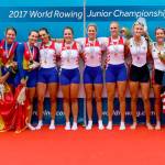 Vashon&rsquo;s Riley Lynch, second from right, with her U.S. women&rsquo;s four crewmates Kelsey McGinley, Kaitlyn Kynast and Rose Carr on the podium after receiving a bronze medal at the World Rowing Junior Championships in Trakai, Lithuania Aug. 6. (FISA Photo)