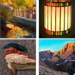 Artwork on display will include paintings by Rose Belknap at The Hardware Store Restaurant (top left), glass work by Jessica DeWire at Hastings-Cone Gallery (top right), paintings by Kathy Larsdotter at Café Luna (bottom right) and driftwood art by Marla Kampschroer at Sarahs Salon. (Courtesy Photos)