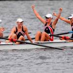 Mia Croonquist (arms raised) 2011 World Rowing Junior Championship, London. (Scott Heavey Photo)