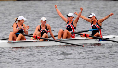 Mia Croonquist (arms raised) 2011 World Rowing Junior Championship, London. (Scott Heavey Photo)