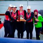 BBRCs Kate Kelly, Gabrielle Graves, Ros Bellscheidt, Ava Lorentzen and coxswain Alex Ryan hold the Lady Logan Cup, which will now bear their names as the winners of the Brentwood 2018 U-17 quad. (Steve Tosterud Photo)
