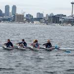 Lex Rosen, Nick Winkler, Baker Van Buren and Joshua Kyles on their way to a gold in the JV mens 4X at the Tail of the Lake regatta on Sunday. (Courtesy Photo)