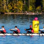 BBRCs junior boys quad of Jordon Rutschow, Davis Kelly, Willem Brown and Brian DeLoach passing the course Kraken on their way to a bronze medal Sunday at American Lake (Steve Tosterud photo).