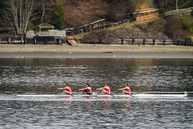 BBRCs varsity girls quad of Kate Kelly, Mabel Moses, Ros Bellsheidt and Olivia White, on the course Sunday. (Steve Tosterud photo)