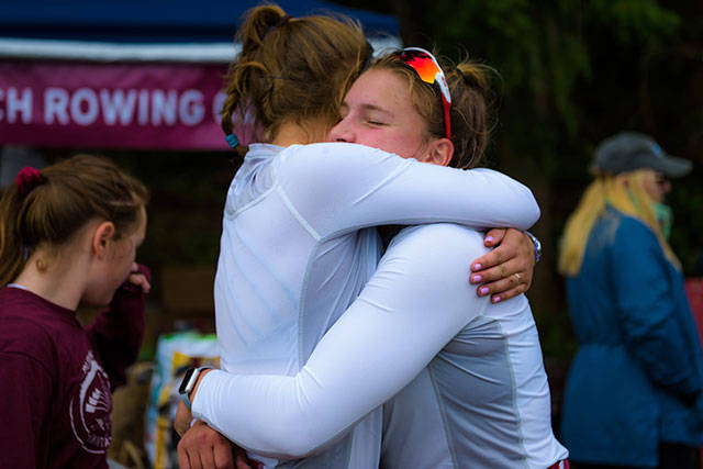 BBRCs Kate Kelly and Gabbie Graves after their win in the varsity girls pair. (Steve Tosterud photo)