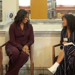 Former First Lady of the United States Michelle Obama, left, chats with Lestraundra Alfred, founder of Balanced Black Girl podcast at a private book club event at the Tacoma Public Library on Sunday, March 24. Olivia Sullivan/staff photo