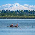 Burton Beach Rowing Clubs Gabbie Graves and Kate Kelly winning the womens pair at Vancouver Lake on Sunday. Special guest appearance by Mount Hood (Steve Tosterud Photo).