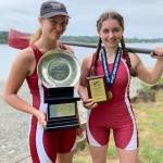 BBRCs Jewel Wass de Czege and Bronwyn White with their spoils of war after besting a field of 36 other crews in the novice womens double. (Davis Kelly Photo)