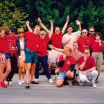 The largely queer Vashon Kazoo Marching Band participated in the Strawberry Festival parade several times between 1984 and 1999. The photo is include in In and Out: Being LGBTQ on Vashon, at Vashon-Maury Island Heritage Museum (Courtesy Photo).