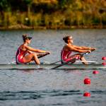 Kate Kelly (left) and Gabbie Graves racing at USRowings Youth National Championships on Lake Natoma, California, last year. They rowed separately in the recent world competition (Steve Tosterud Photo).