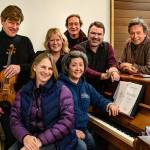 Violinist Dan Brandt, pianist Linda Lee, and drummer Gordy Ryan along with concert soloists Amy Cole, Karen Bargelt and John de Groen work with the Vashon Chorales artistic director, Gary D. Cannon, to prepare for the Shepherds and Stars holiday concerts on Dec. 7 and 8, at VCA (John de Groen Photo).