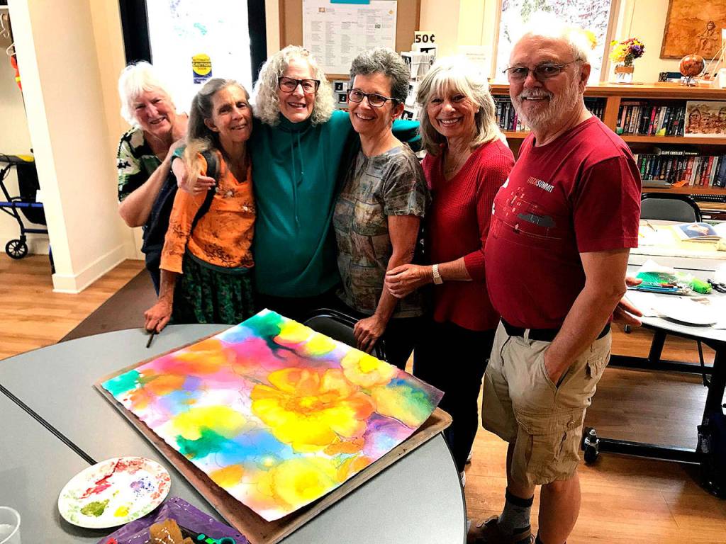 Geri Petersons art students will have a show of work at the Senior Center on Bank Road. Pictured here, from left to right, are Sue Weston, Weslie Rodgers, Geri Peterson, Linda Fox, Inge King and Will Lockwood (Courtesy Photo).