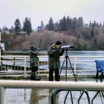 Fran Brooks (left) and Randy Smith (right) look out across Puget Sound last weekend during the 2020 Christmas Bird Count (Paul Rowley/Staff Photo).