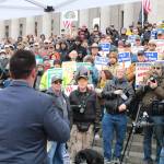 Matt Marshall, leader of the Washington Three Percenters gun rights group, addresses a crowd rallying for Second Amendment rights Jan. 17 at the state Capitol in Olympia. Marshall condemned Republican leadership in the House of Representatives, which expelled Rep. Matt Shea from the Republican Caucus. Marshall announced his candidacy for the 2nd District seat held by House Minority Leader J.T. Wilcox. Photo by Cameron Sheppard, WNPA News Service