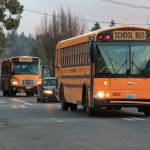 School busses approach the four-way stop in downtown Vashon on Monday morning (Paul Rowley/Staff Photo).