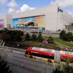 The Boeing airplane manufacturing plant in Everett, where murals of jets cover the massive doors, on Monday. (AP Photo/Elaine Thompson)