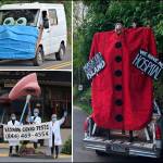 Three Vashon performance art projects have been featured in Newsweek and on the widely read BoingBoing.net blog at tinyurl.com/yxsr55vg.                                 The projects include BIG RED COVID, encouraging mask use (Mik Kuhlman, Patricia Toovey), the van with its own oversized mask leading the VashonBePrepared delegation in the July 4th Pop-Up Parade (Michelle Bates and Stefan Freelan), and The Nose Knows, spreading the word about on-island testing. Artist Mik Kuhlman talked about worries that island visitors might bring COVID-19 and spoil the islands low infection rate record.                                Were not in normal times, were in a pandemic, Kuhlman said. And were not asking you to not enjoy our beaches, but if youre going to come in and shop, if youre going to come into any of our places, be aware that there is a possibility that youre bringing the virus with you (Photographers from top right: Jim Diers, Jeff Dunnicliff, Michelle Bates).