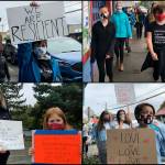 More than 200 islanders participated in Vashons Womens March, which was hosted last Saturday by two local organizations, Vashon Sisterhood and Women Hold the Key. Unofficial Vashon mayors Raena Joyce and Selene Dalinis (top right) led the march, which was attended by many mother-daughter duos including Clara and Allison Cullup (bottom left) (Tom Hughes Photos).