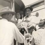 Martha Fujioka and her husband Kay Nakamoto, boarding a bus from Heart Mountain to return home, 1945 (Photo Courtesy Fujioka Family).