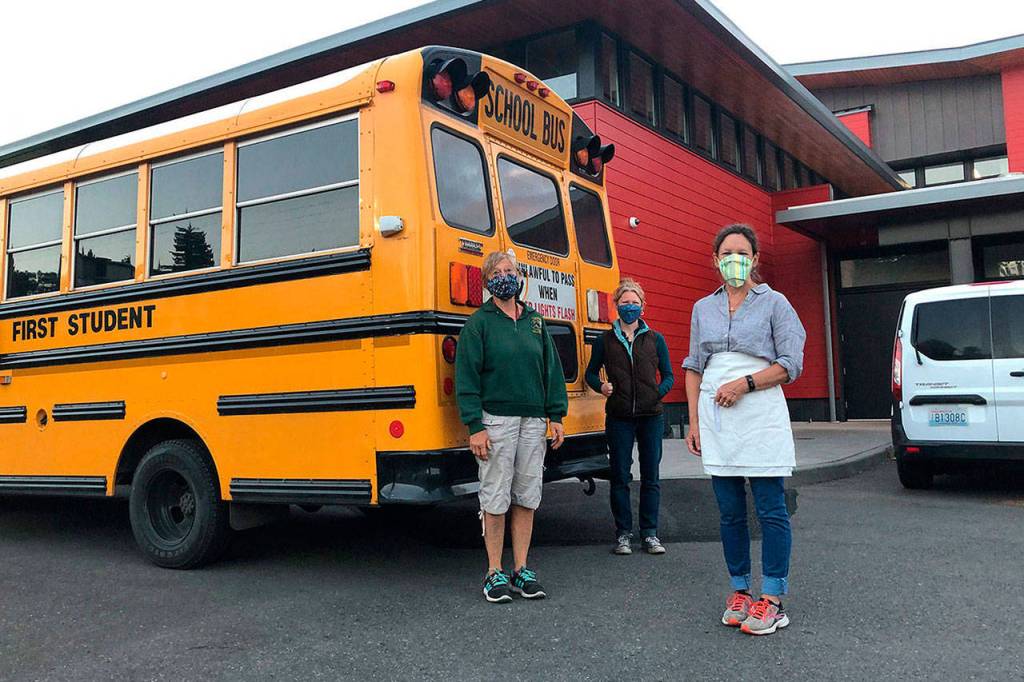 Vashon Island School Districts nutrition program, led by Chef Lisa Cyra (foreground) has continually provided meals to Vashon families throughout the pandemic (Tom Hughes Photo).