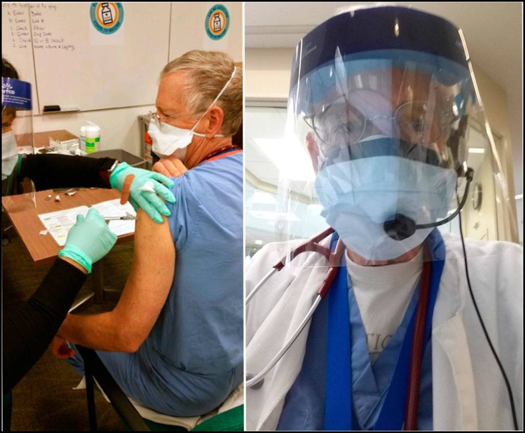 Dr. John Osborn, co-coordinator of Vashons Medical Reserve Corps, was one of Vashons first residents to be vaccinated, as he serves in a Seattle hospital emergency room where he frequently helps COVID patients. The photo on the right shows him in full PPE while on duty in the ER. Under the leadership of Osborn and Dr. Ina Oppliger, the MRC increased its volunteer numbers from 15 to 70, with many of them working at Vashons MRC COVID-19 testing site (Courtesy Photo).